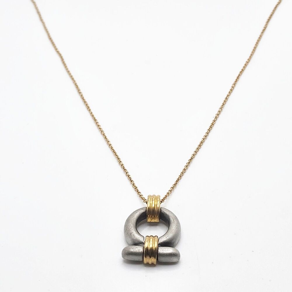 Vintage Avon 1980 Necklace Modernist Silver Gold Tone Pendant 18" Industrial